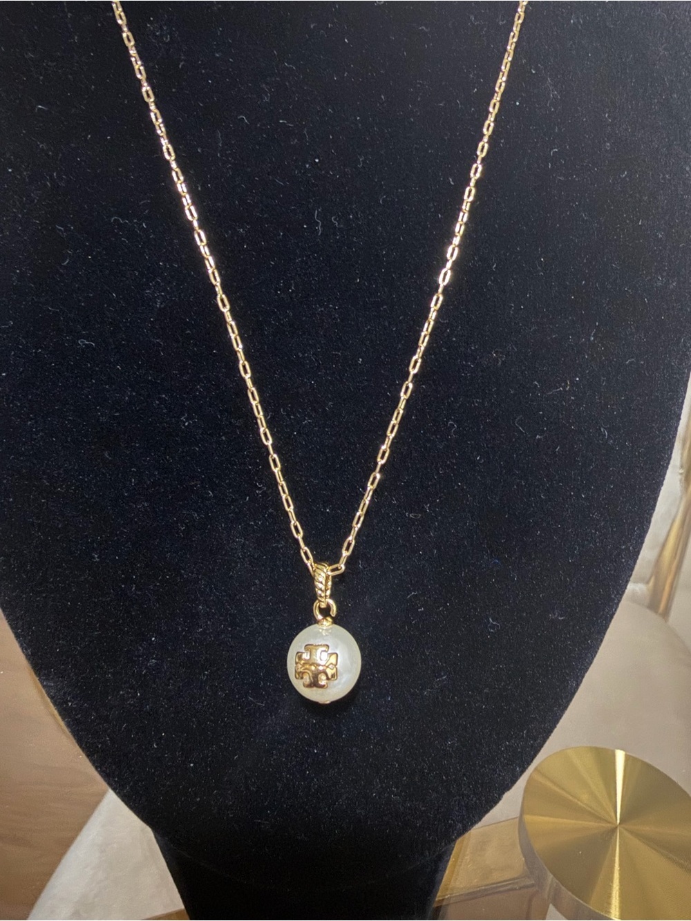 Tory Burch Gold-Tone Pearl Logo Pendant Necklace